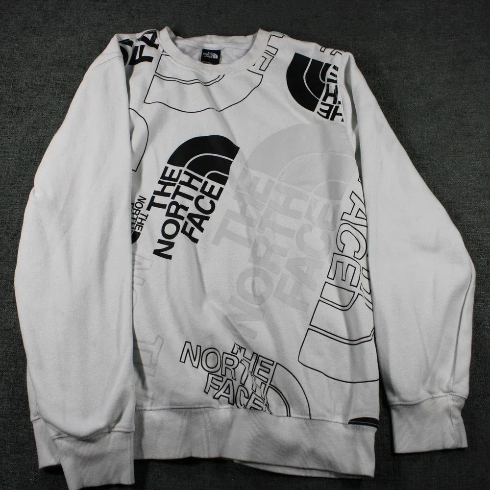 The North Face Mens Large White Multi Logo Graphic Crewneck Sweatshirt Fleece